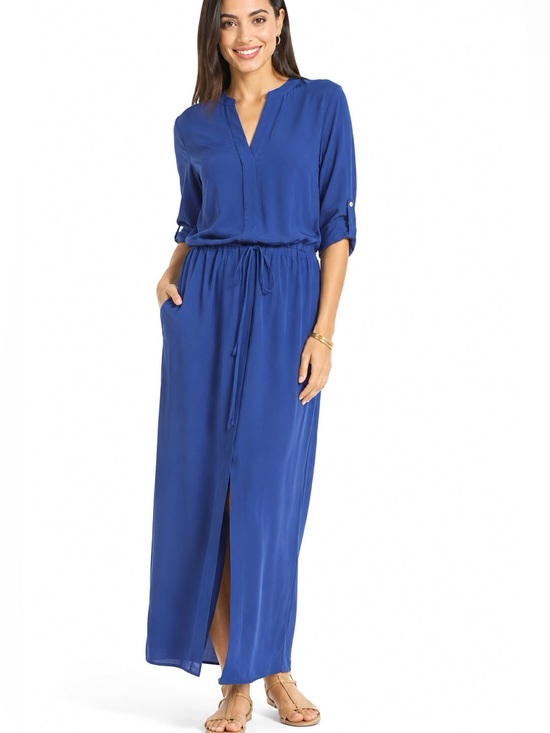 Chico's Dresses & Skirts - Chico’s Black Label Blue Satin Maxi Dress M Long Sleeve Drawstring Button Front